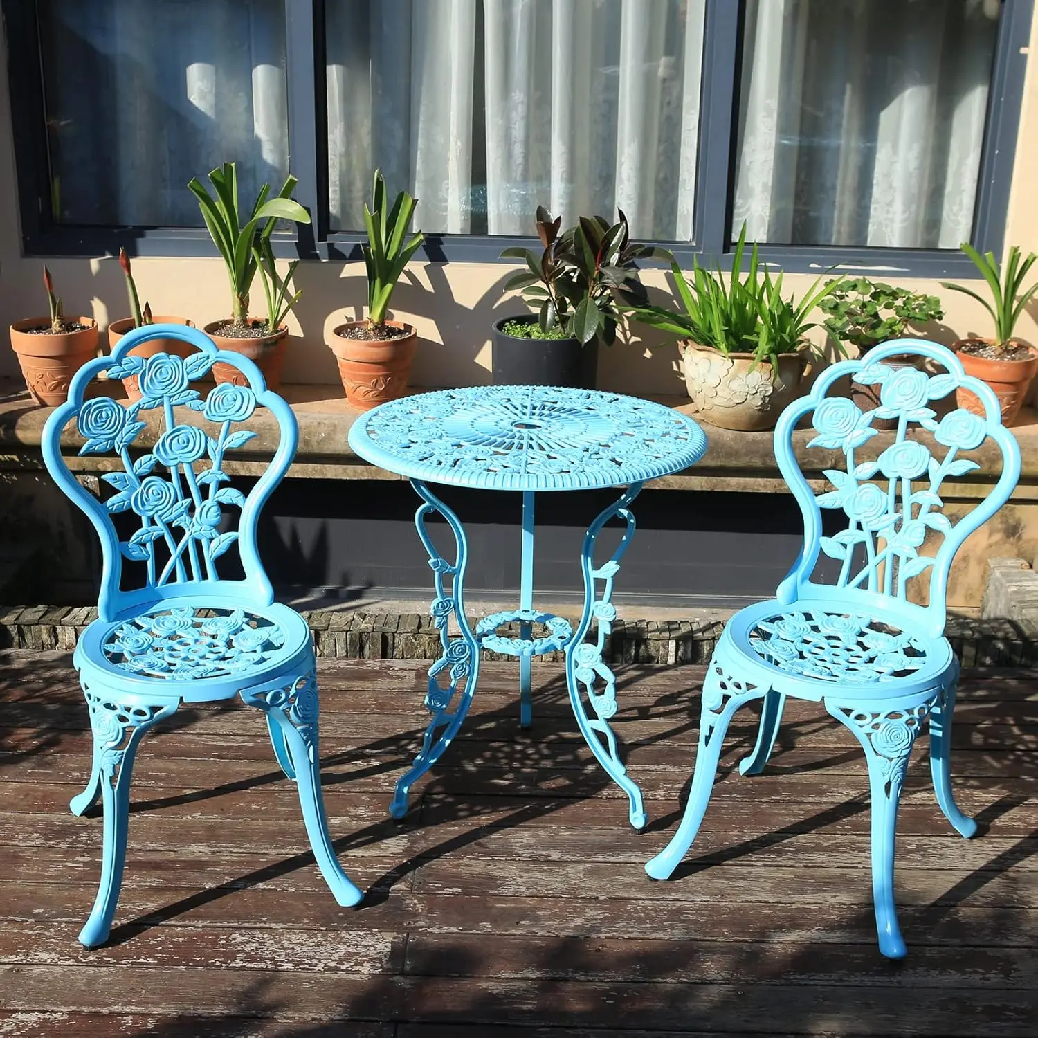 Outdoor Furniture Bistro Set with Rose Pattern 1 Table 2 Chairs for Garden Patio Porch (Rose-Light Blue)