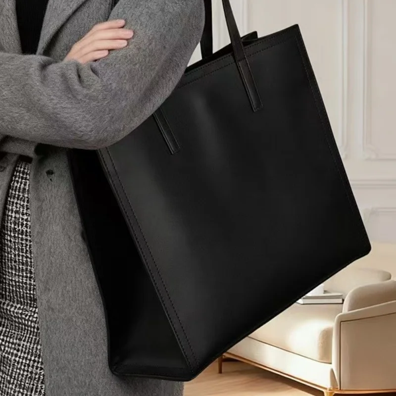 

NEW Large Capacity Tote Bag Luxury Briefcase Leather Business Laptop Bag Black Shoulder Bag Simple Cowhide Handbag