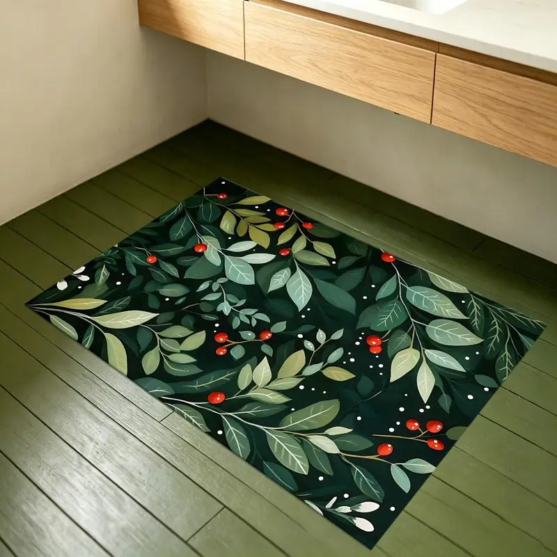 Vintage Forest Red Berry Green Leaf Rug Soft Velvet Living Room Bedroom Study Decor