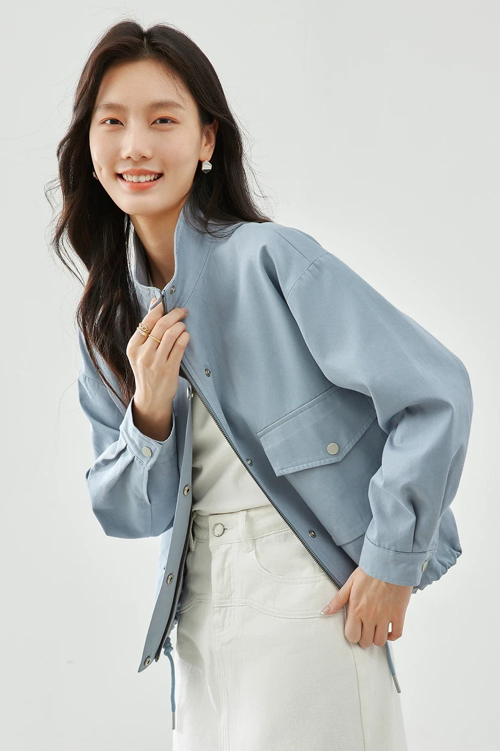 VIMLY-Veste décontractée simple pour femme, col montant à fermeture éclair complète, coupe-vent, vêtements de bureau pour femme, automne, M3976