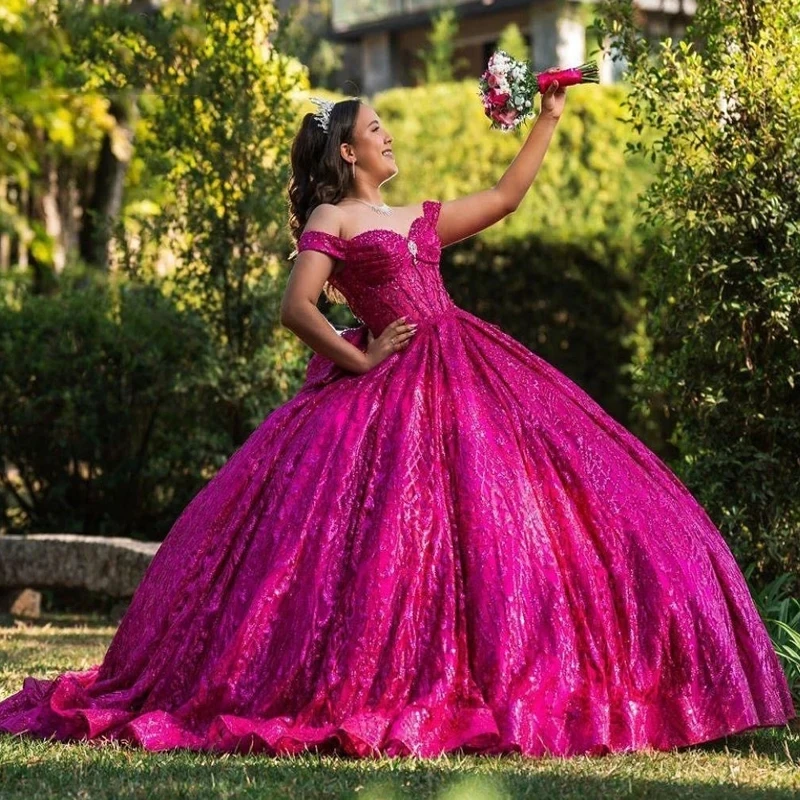 Rose Red Shiny Sequins Quinceanera Dress 2024 Off Shoulder Beads Crystal Tull Sweet 16 Dress XV Vestidos De 15 Anos