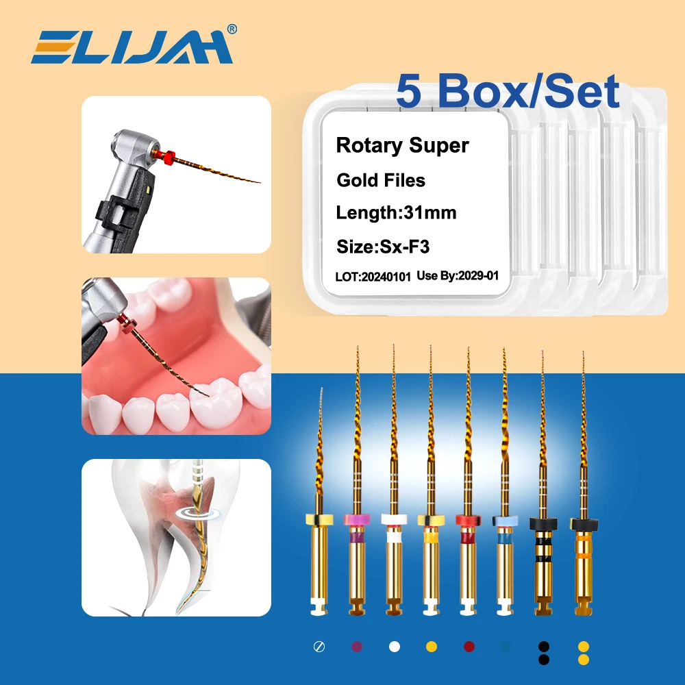 

ELIJAH 30pcs=5Box/Set Dental Heat Activation Super File Gold Rotary Flexible Engine Taper Files Root Canal Dentistry Instrument