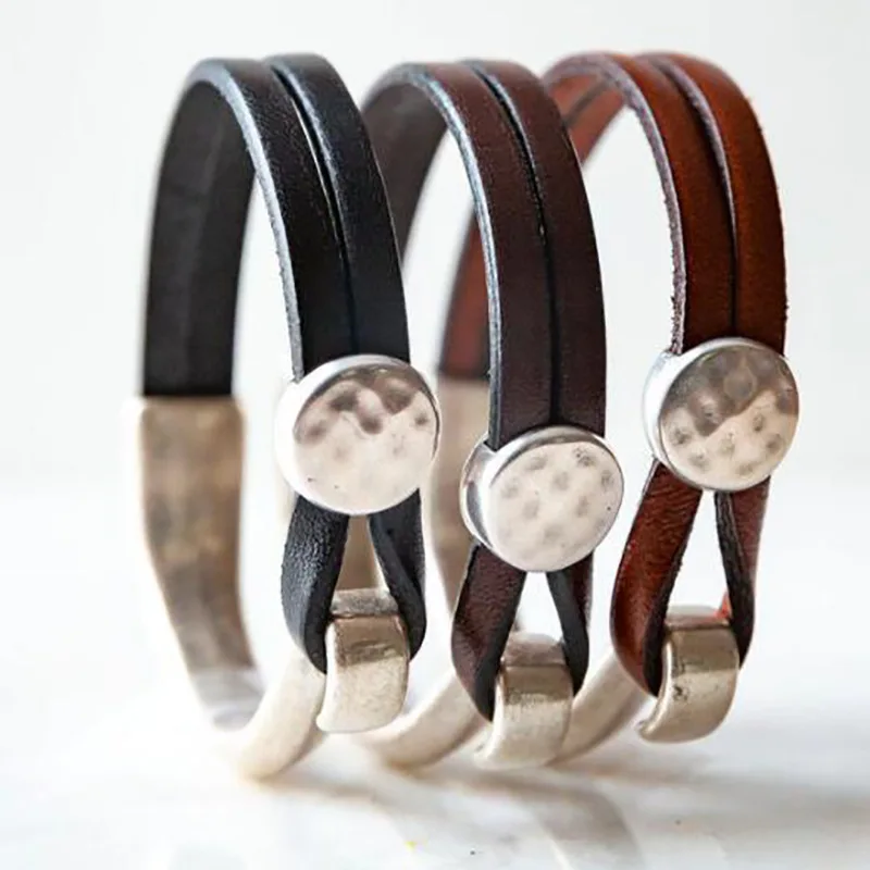 Leather Wrap Bracelet for Men and Women Boho Black Brown PU leather with Silver Patchwork Hook Bracelets Gifts for Her Him