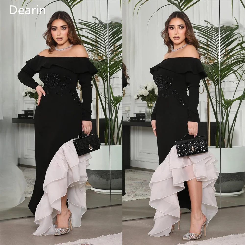 Customized Formal Gown Evening Women Dearin Off-the-shoulder A-line Floor Length Skirts Draped Layered Contoured Flouncing Appli