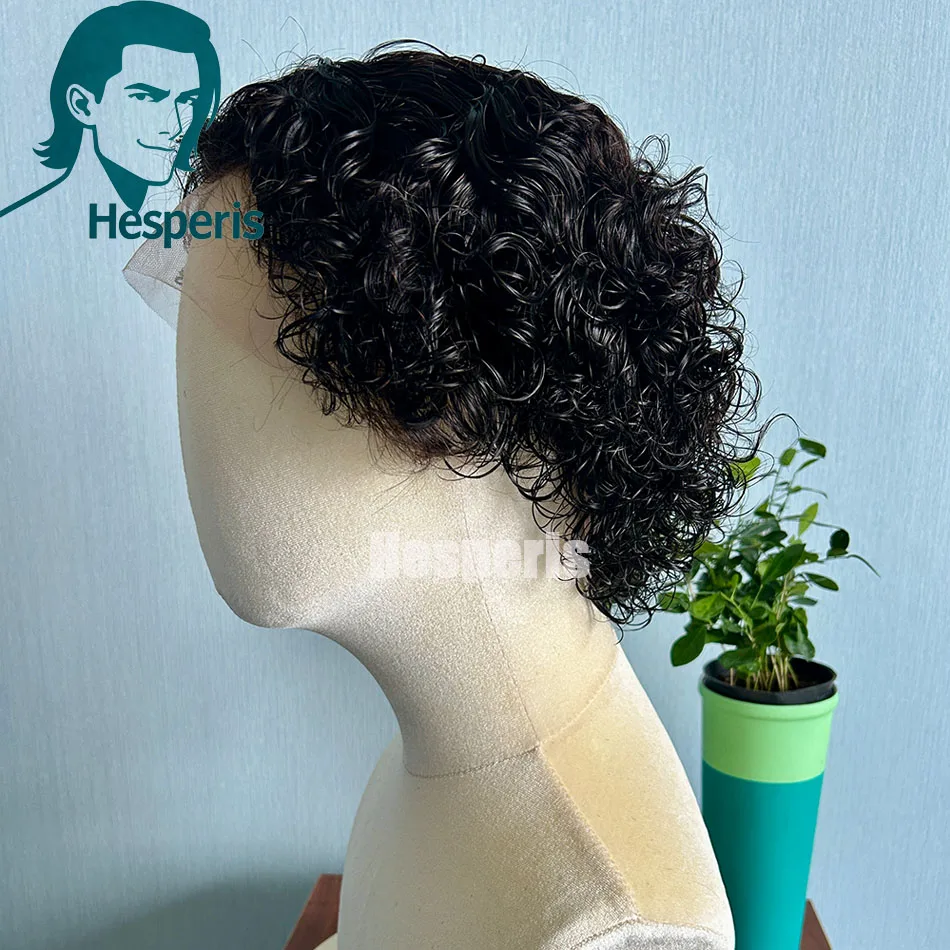 Parrucca corta riccia Hesperis per uomo Parrucca brasiliana nera naturale per capelli umani Remy 13x6 Parrucca corta anteriore in pizzo Pixie pre-stylicata per uomo