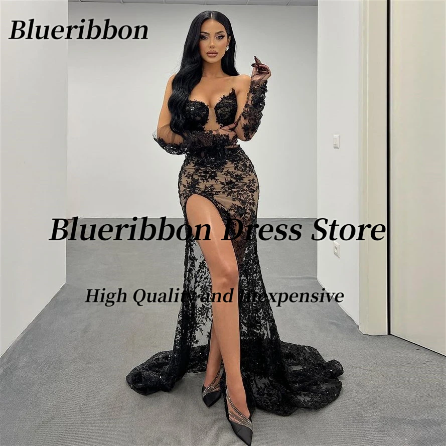 Blueribbon Black Lace Prom Dresses Sexy High Side Slit Cocktail Party Night Club Dress Sweetheart Long Sleeves Special Banquet