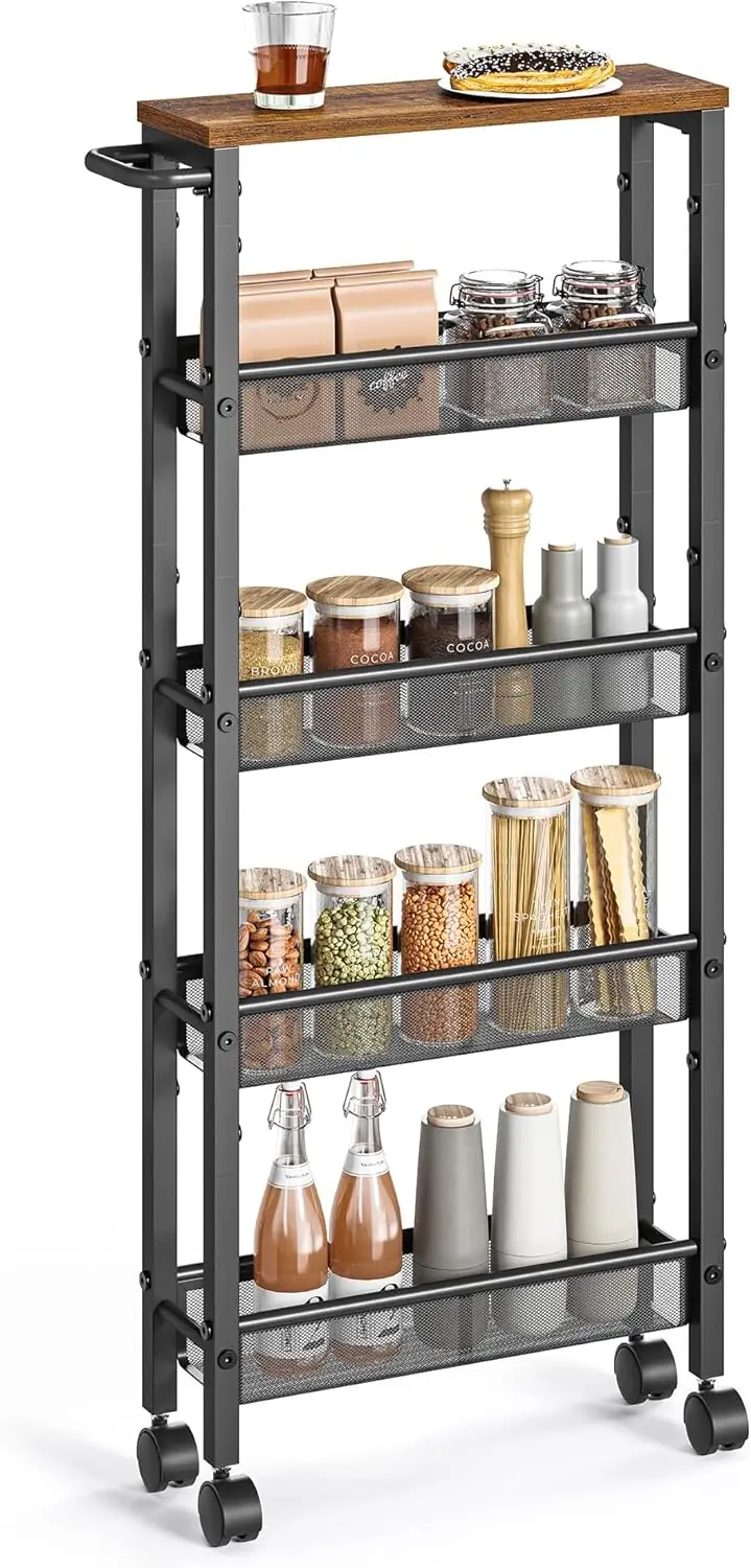 

Slim 5-Tier Rolling Cart with Handle, Narrow Storage Cart for Kitchen, Living Room, Home Office in Rustic Brown