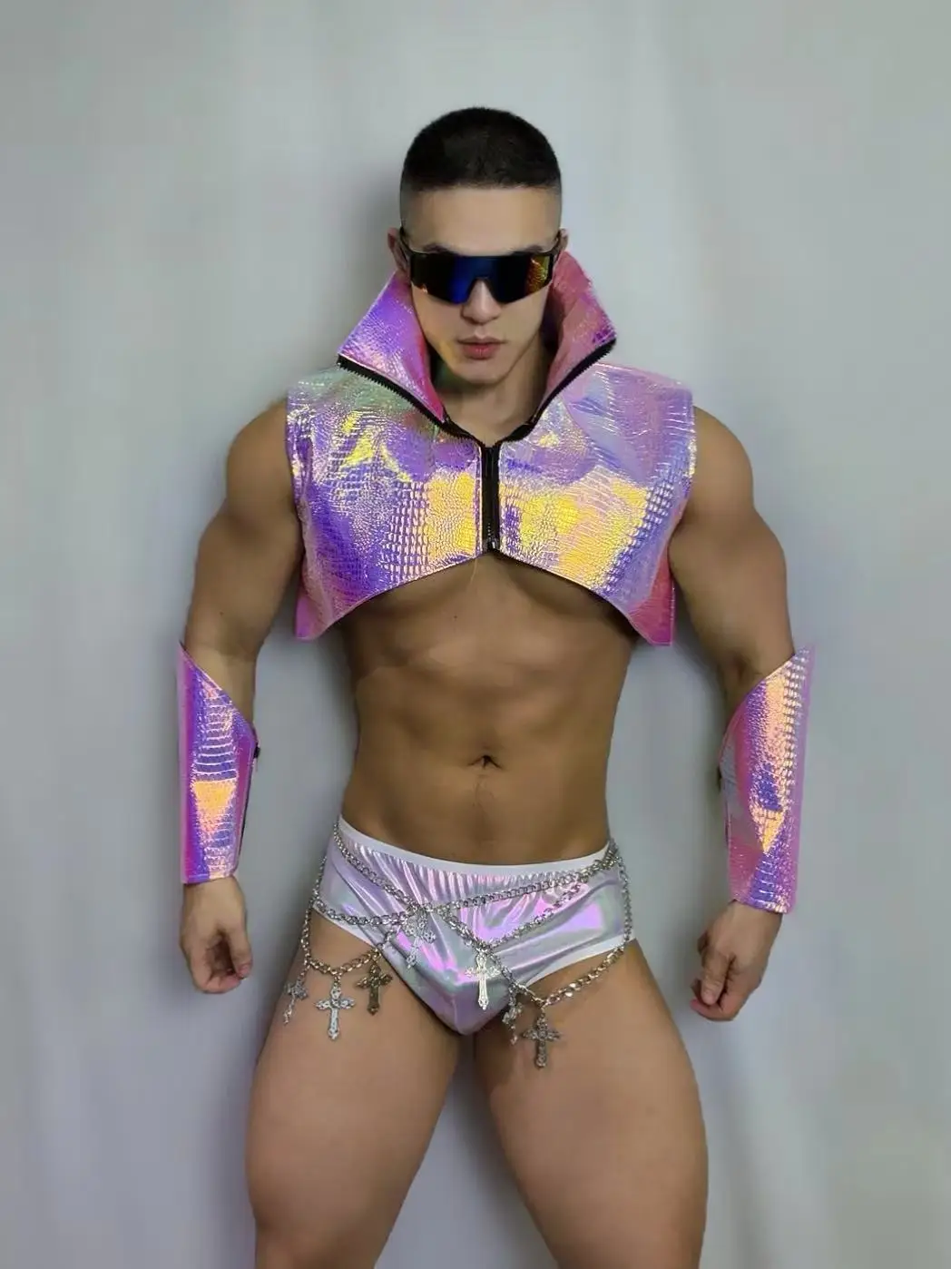 Sexy boate bar dj gogo dançarino palco traje armadura de ouro shorts correntes cintura rave outfit equipe festa mostrar desempenho roupas