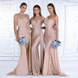 Um ombro Champagne cetim dama Vestidos, Wedding Party Dress, Formal Ocasião Vestidos, Guest Gown