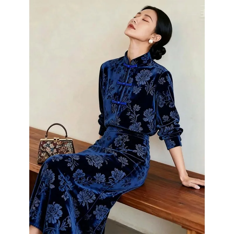 Women New Chinese Style Velvet Floral Print Frog Button Top Midi Skirt Two Piece Outfit For Autumn Winter