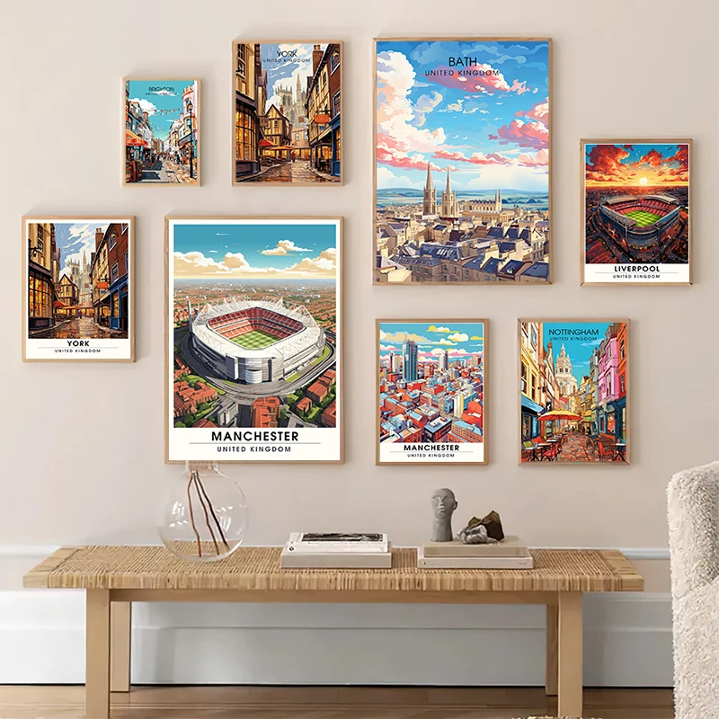 Bath Brighton Liverpool Manchester Travel Posters Canvas Painting City View Wall Art Pictures Living Room Home Decor Gift Ideas