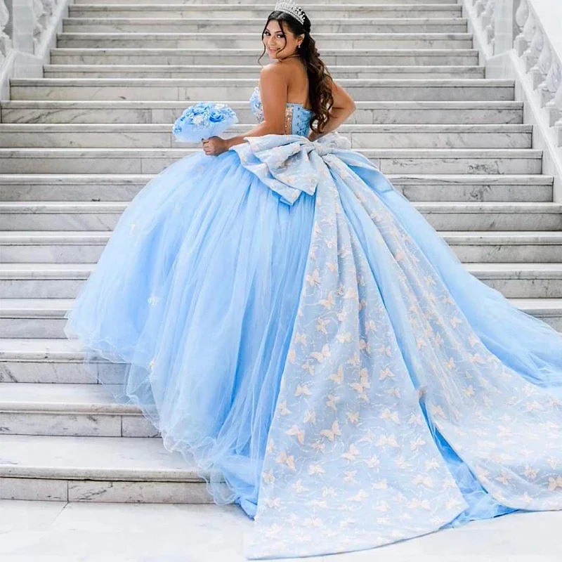 Blue 3D Butterfly Off Shoulder Corset Quinceanera Dress Ball Gown Bow Applique Lace Sweet 16 Vestidos De 15 Años Princess