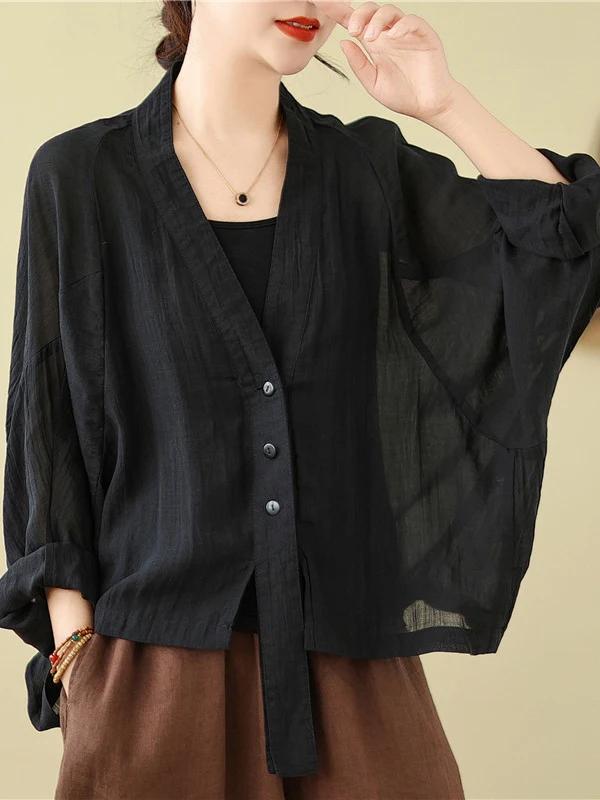 

Summer Cotton Linen Single Button Open Cardigan Women's Top Vintage Sun Protection Clothing V-ne Long Sve Regular Length