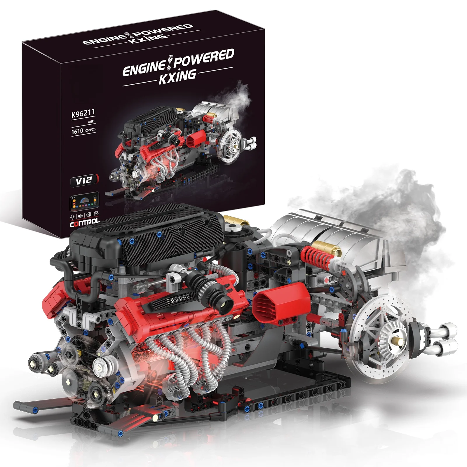 1610Pcs V12 Mechanical Engine Building Blocks Assembly Model Set - APP Remote Control Programmable MOC Kit with Lights and Spray