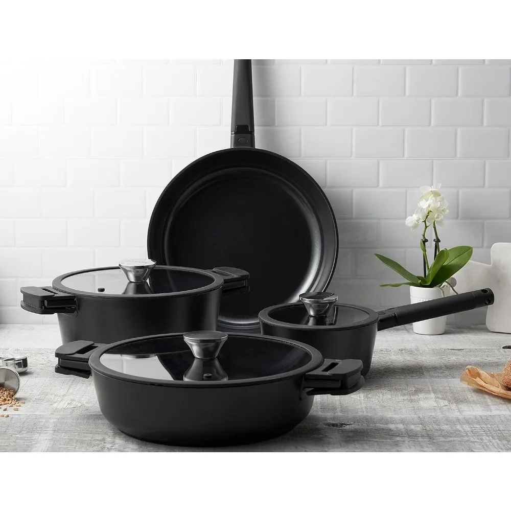 مجموعة أواني طهي جديدة مكونة من 7 قطع - ألومنيوم مصبوب ممتاز مع طلاء سيراميك غير لاصق قائم على التيتانيوم ومقابض قابلة للفصل - توصيل مجاني #3