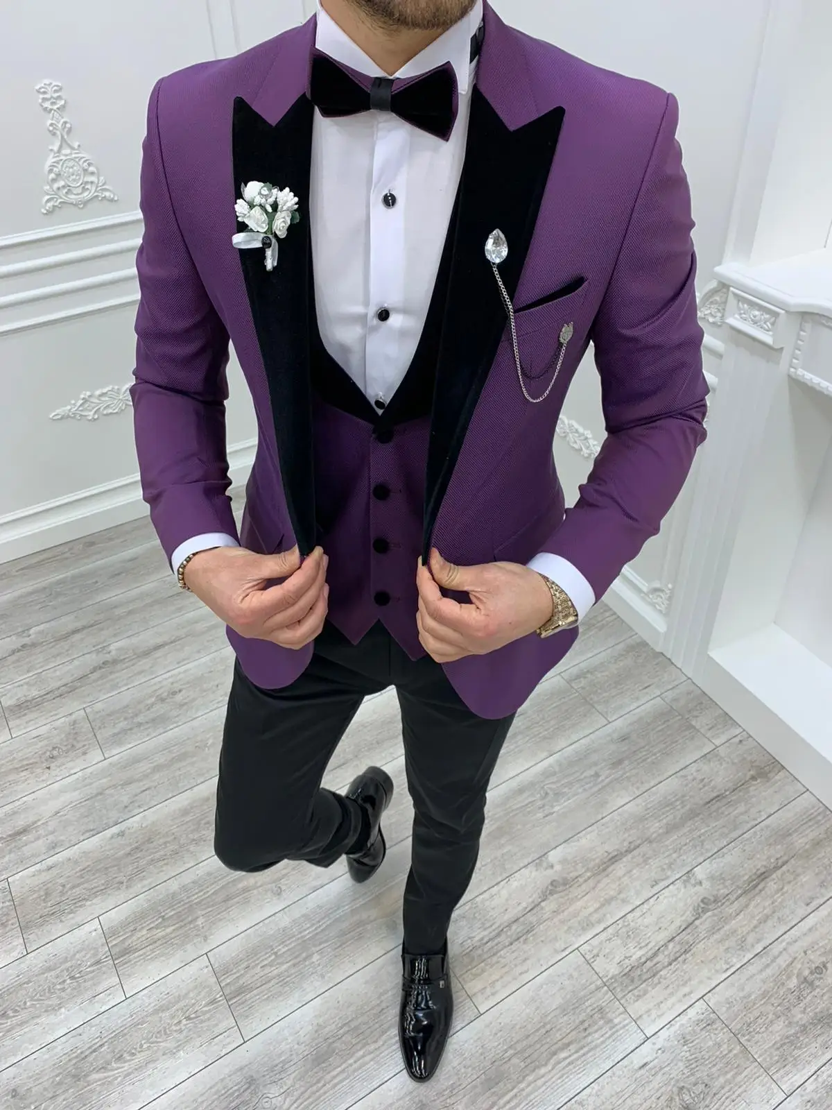 Jas Pria 3 Buah Jas Titik Kerah Tuksedo Pengantin Pria Blazer Pernikahan + Celana + Rompi Pria Pengiring Pria Pesta Setelan Bola Dibuat Sesuai Pesanan