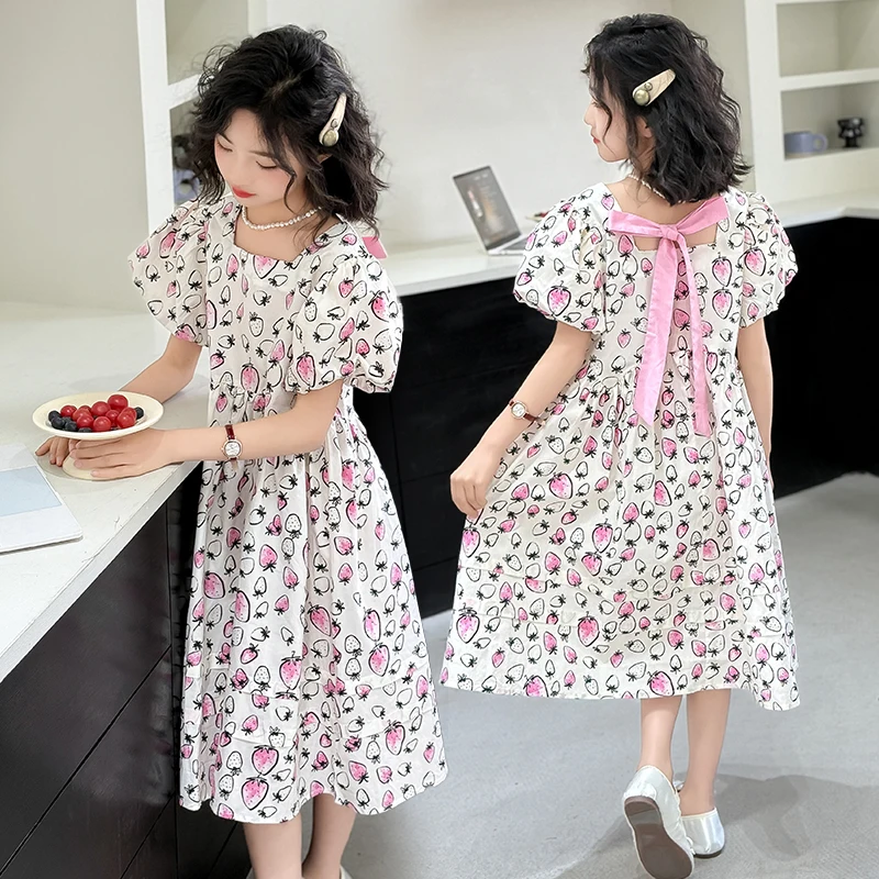 Girls Summer Sweet Dress Fashion Children's Clothing Kids Strawberry Princess Dress Puff Sleeves