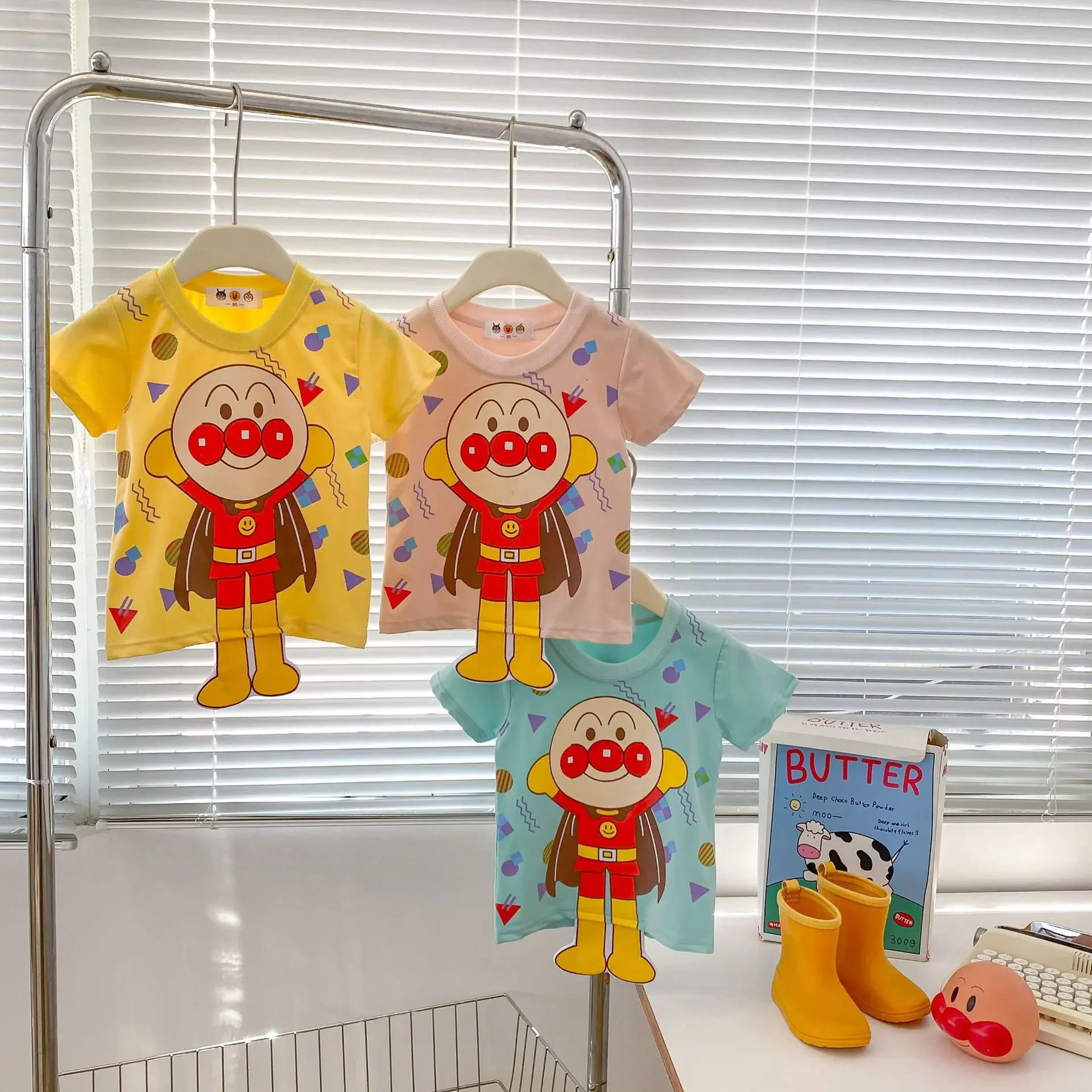 100% Cotton Baby Boy Girl T-shirts Summer Children Clothing Kid Clothes Tops Tees Cartoon Anpanman Striped Short Sleeve T-Shirts