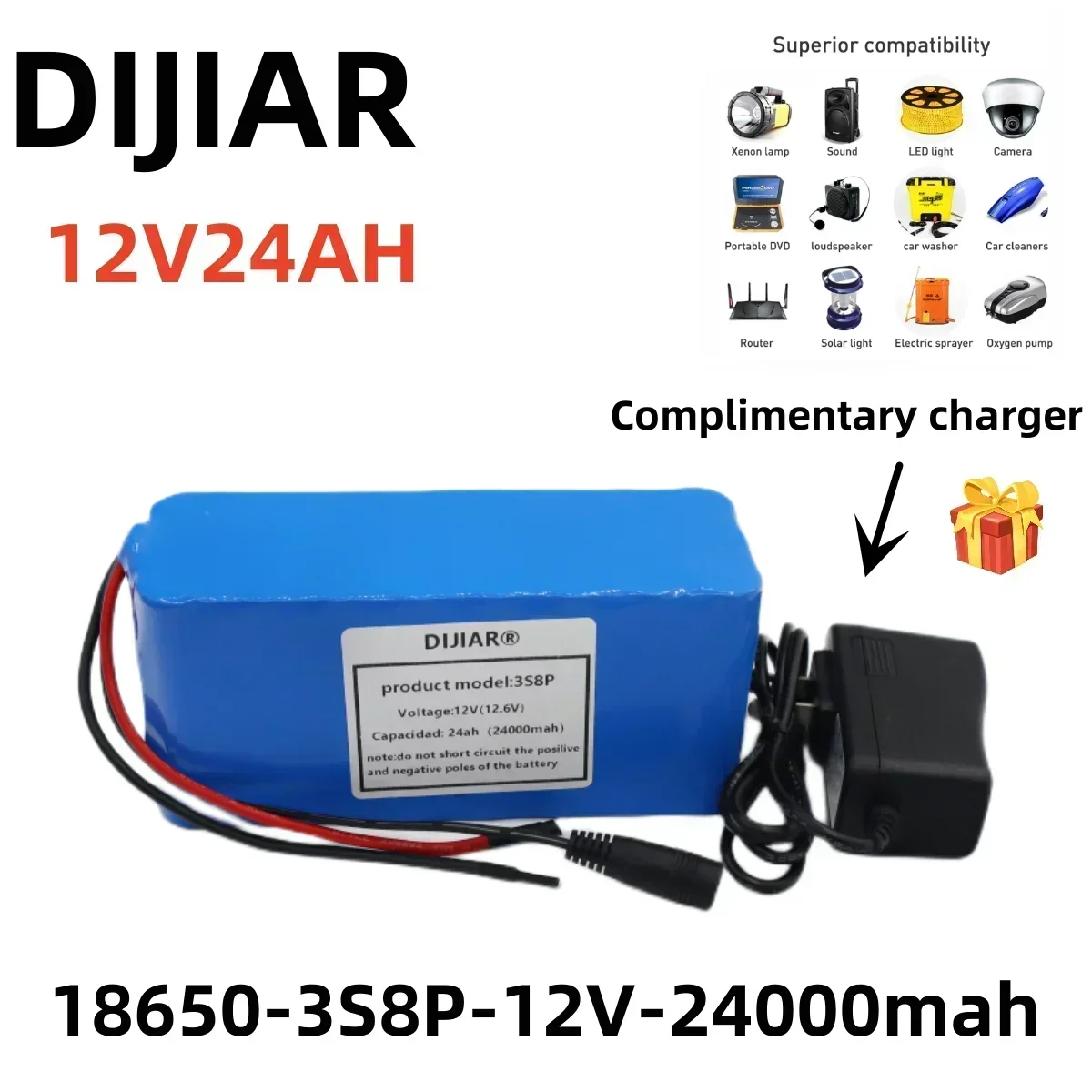 3s8p 12V 24Ah battery pack 18650 lithium ion 12V 24000mAh DC12.6V super large capacity rechargeable battery with BMS + charger