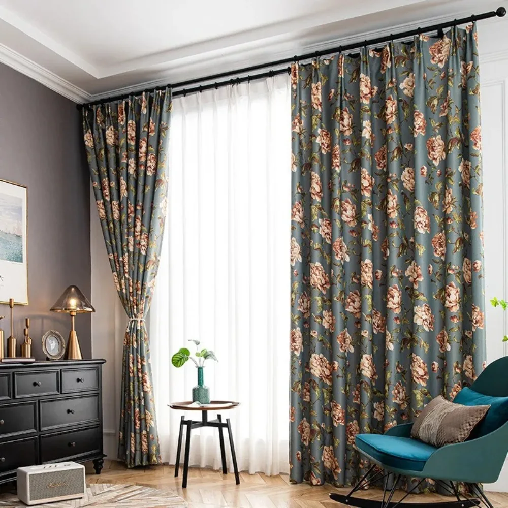 American Countryside Curtains Plants Peony Flower Pattern Fresh and Semi Blackout Curtain for Living Room and Bedroom