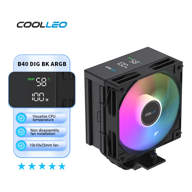 COOLLEO-enfriador de CPU B40S DIG ARGB, 4 tubos de calor, radiador profesional con pantalla Digital, TDP, 200W, para LGA1700 AM4 AM5