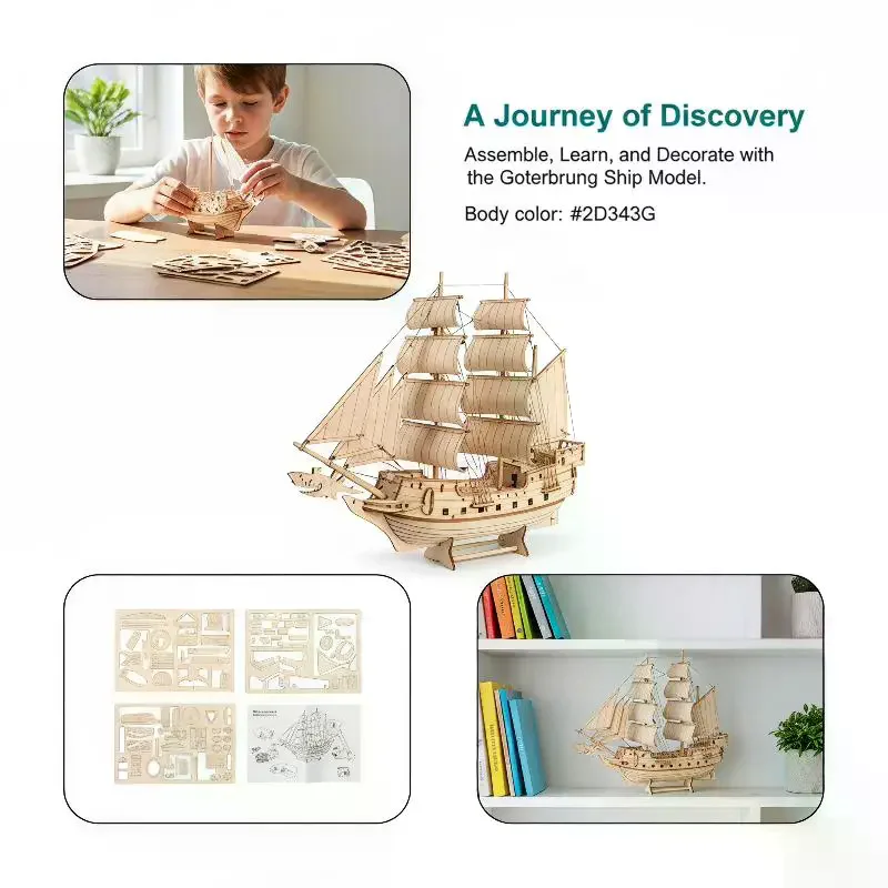 Wooden 3D Gotheborg Sailing Ship Puzzle DIY Handmade Craft Educational Nautical Themed Decor for Bedroom Living Room Kids Gift