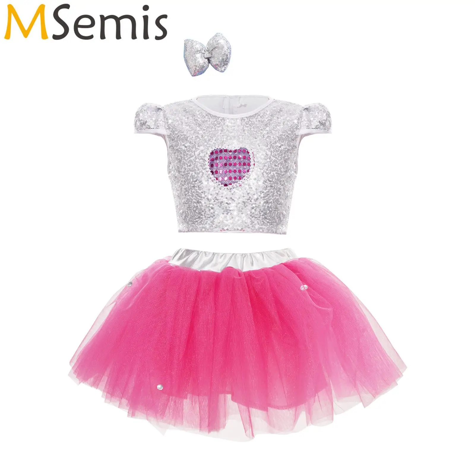 

Kids Girls Ballet Dance Dress Outfits Sleeveless Sequins Crop Top Mesh Tutu Skirts Jazz Ballroom Dance Stage Performance Costume