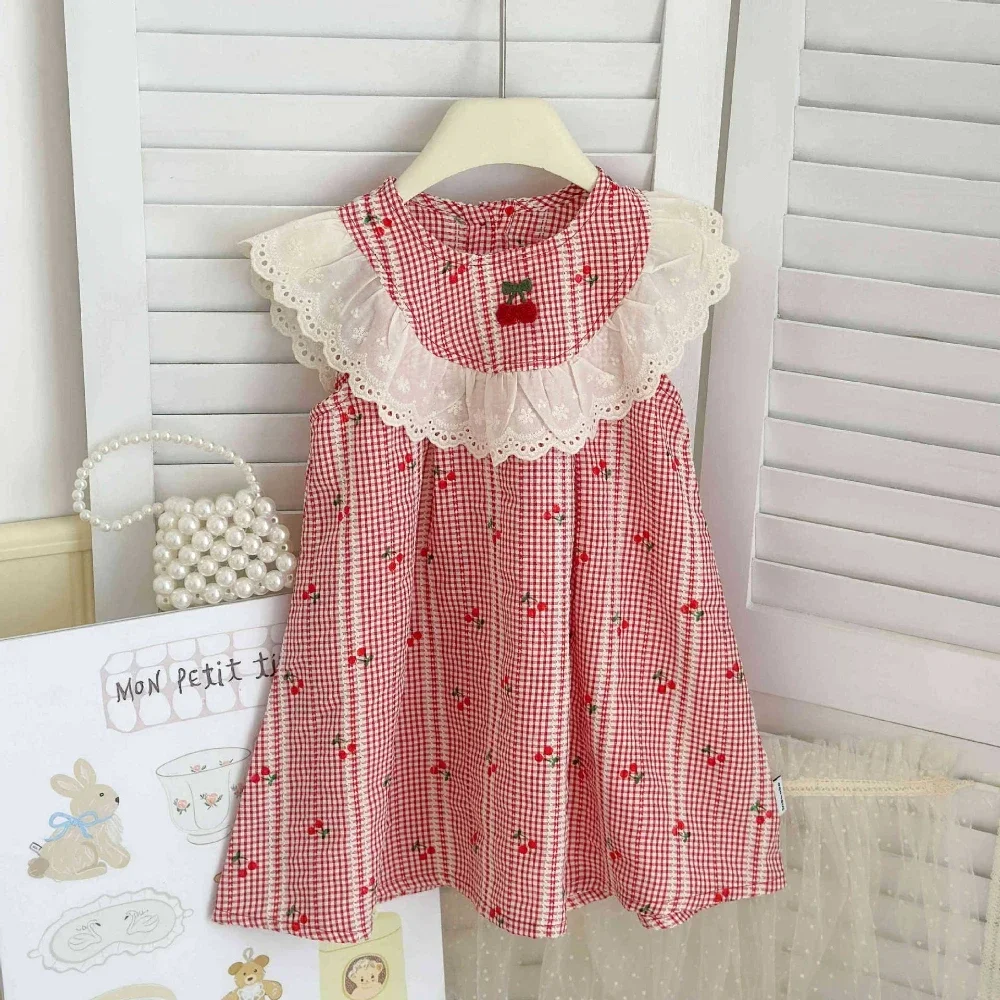 

Korean Version Fashionable Lapel Sleeveless Red Checkered Cherry Embroidered Girls Dress New Summer Kids Clothes 2-6 Years Old