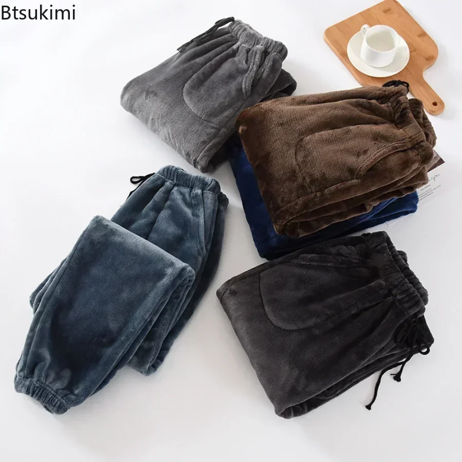 2024 autunno inverno uomo spessa calda flanella pigiama pantaloni morbido Casual elastico in vita coulisse in pile Sleep Bottoms Homewear maschile