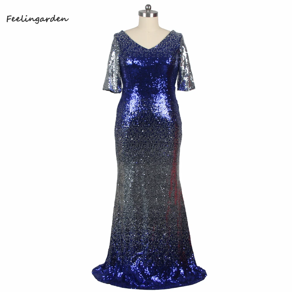 

It's YiiYa Evening Dress V-neck Gradient Blue Half Sleeves Trumpet Zipper Bling Sequined Mermaid Lady Party Formal Dresses LX020