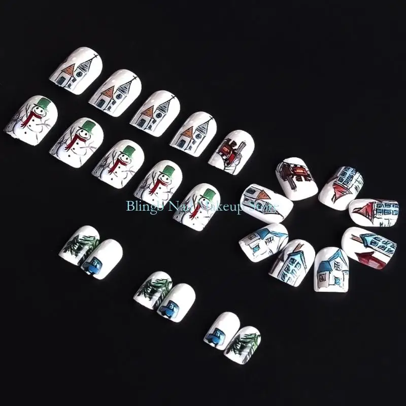 28ta kerstthema druk op spijker 24 -stand set sneeuwvlokontwerp witte kunstmatige nagel blauwe strepen glitters afwerking