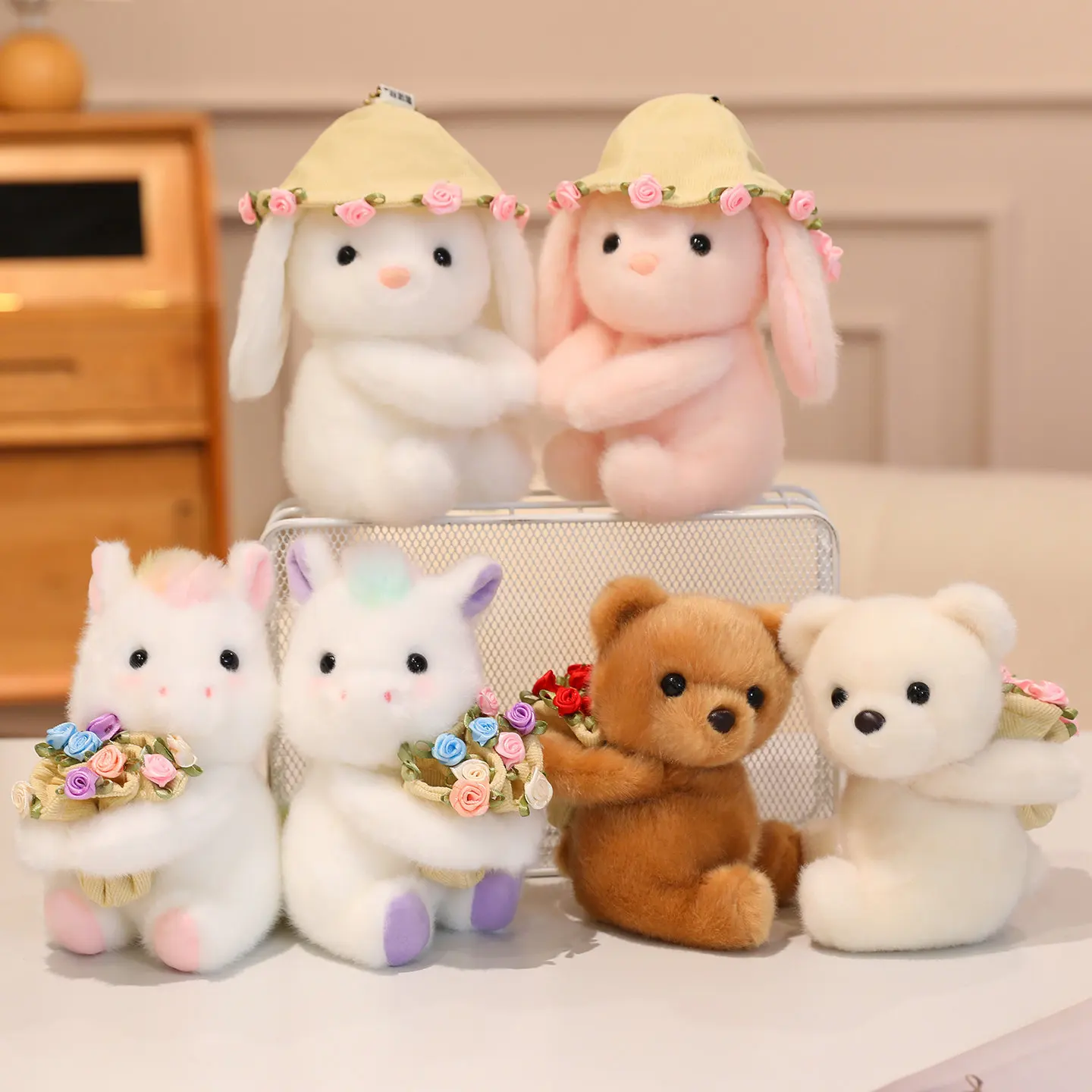 

Sweet Couple Animal Series Plush Toys Mini Rose Rabbit Bear Horse Doll Funny Multifunctional Flower Bouquet Romantic Gift