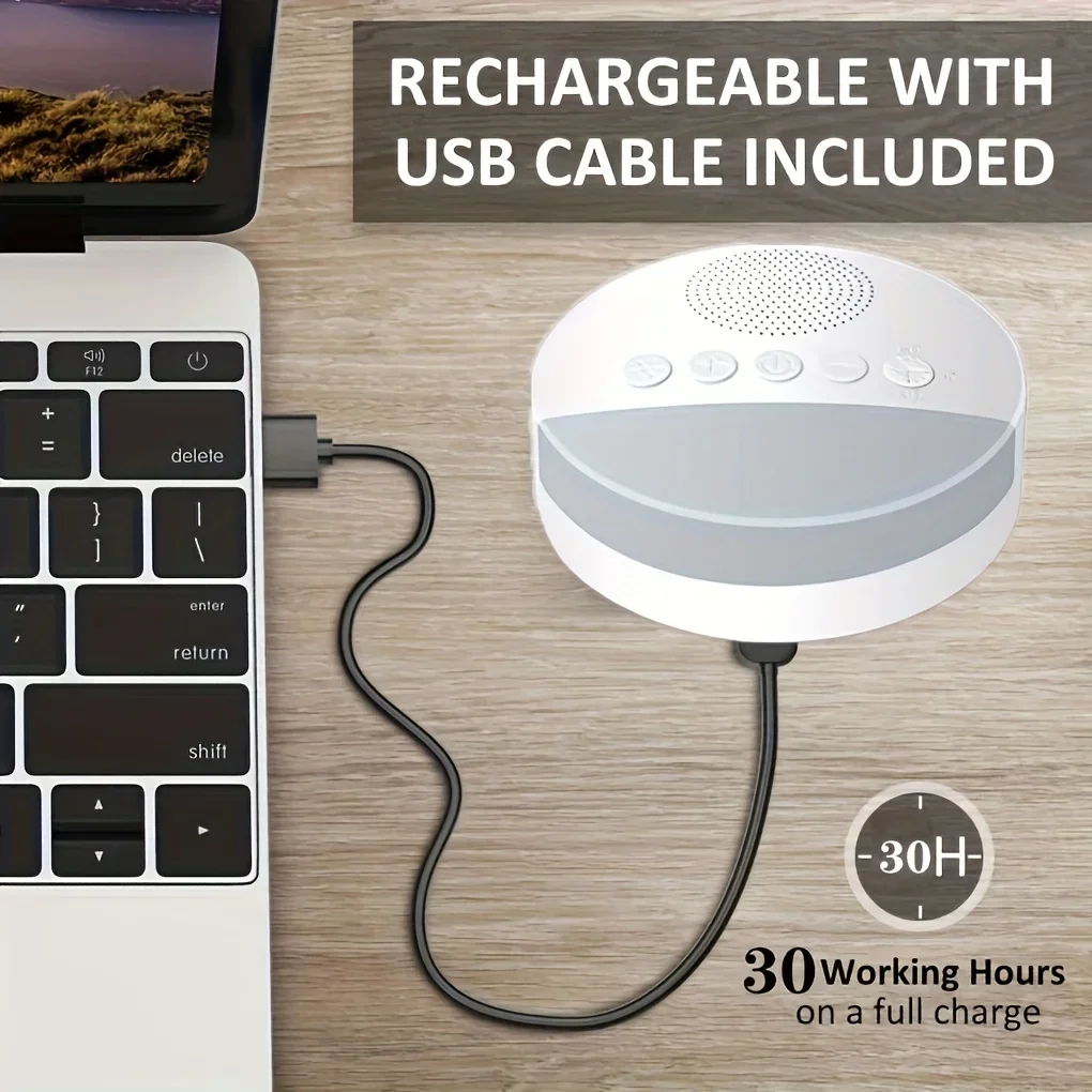 1200mAh Portable USB Rechargeable White Noise Machine with Night Light, 9 Soothing Sounds, Timer Shutdown for Home/Office Use