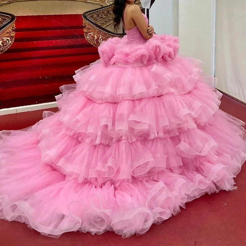 Pink Quinceanera Dresses Ball Gown Spaghetti Strap Tulle Puffy Mexican Sweet 16 Dresses vestidos de 15