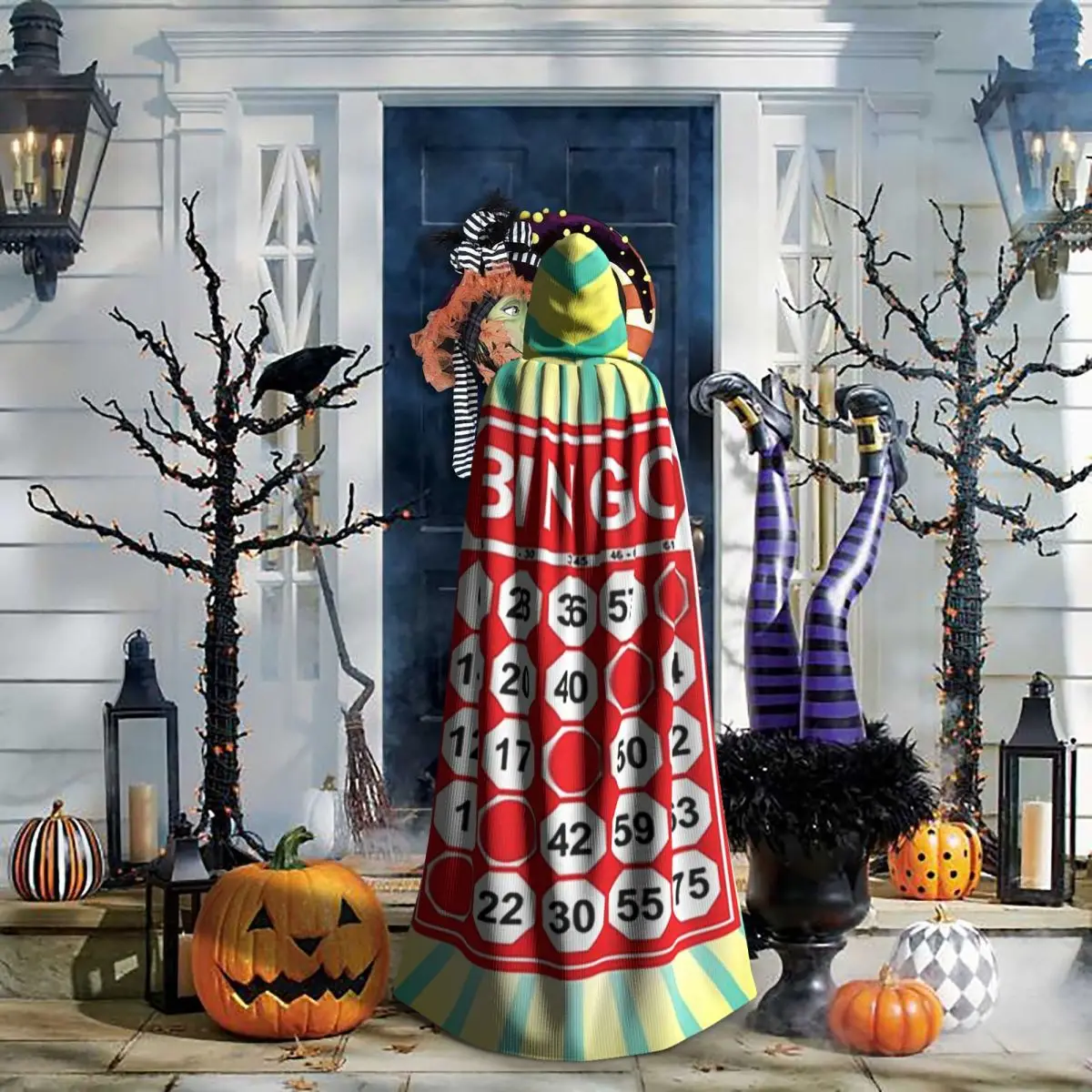 Bingo Card And Ball Long Hooded Cloak Witch Medieval Costume Cosplay Cape HalloweenCoat Adult Unisex