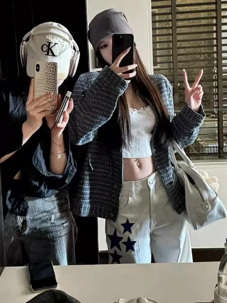 

Джинсовая женская свободная длинная куртка в стиле ретро, осень 2023, новое синее высококачественное пальто-стойка, повседневная повседневная одежда