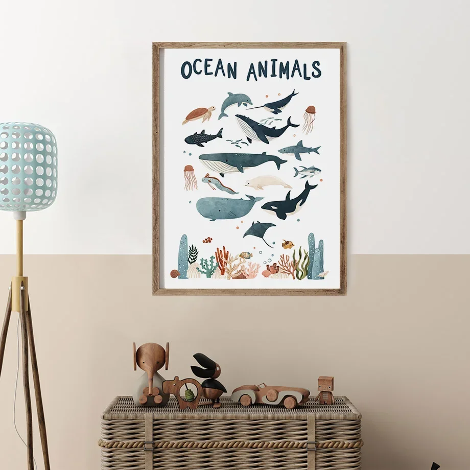 Whale Shark Ocean Animal Numbers Alphabet Under The Sea Nursery Print Poster Wall Art Canvas Painting Pictures Kids Room Decor