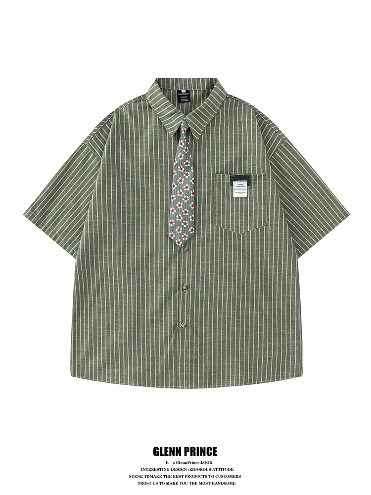 Loose Men's Short Sleeve Shirt Vertical Stripes Summer Casual Shirt Couple Match Cotton Polyester Breathable Comfortable
