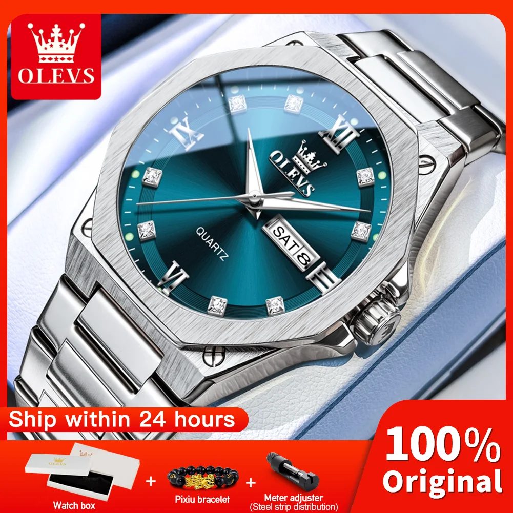 OLEVS 3736 Unique Quartz Movement Watch For Men Stainless Steel Night Light 30m Waterproof Calendar Window Watch For Men