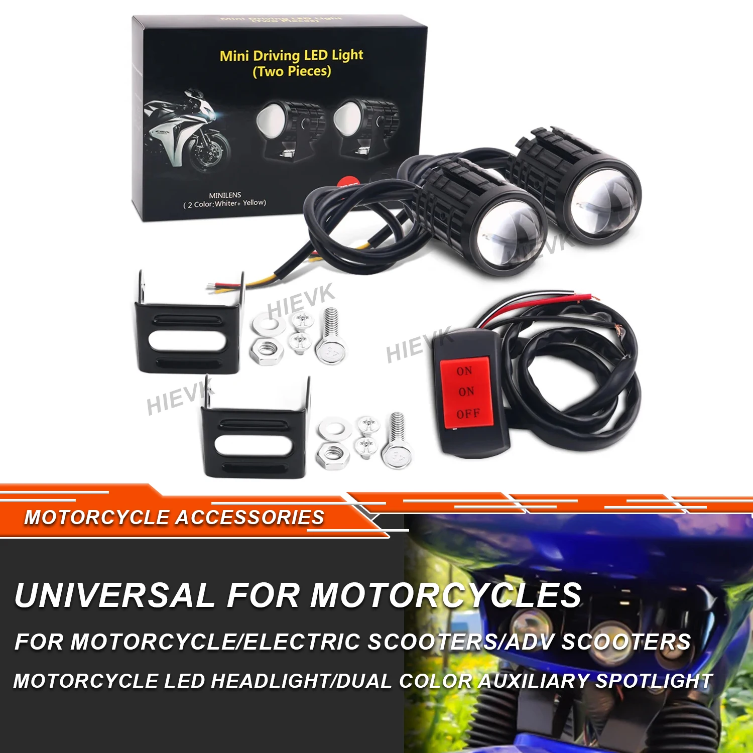 

Universal Motorcycle Mini Driving LED Light Headlight Auxiliary Spotlight Dual Color Moto Fog Light Accessories for ATV Scooter