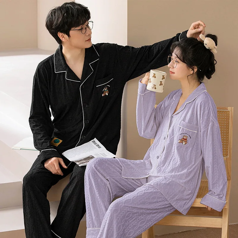 Korean Fashion Homewear Men\'s Cotton Pajamas Set Women Nightwear Home Clothes Male Sleeping Tops Pant pyjama for Couples