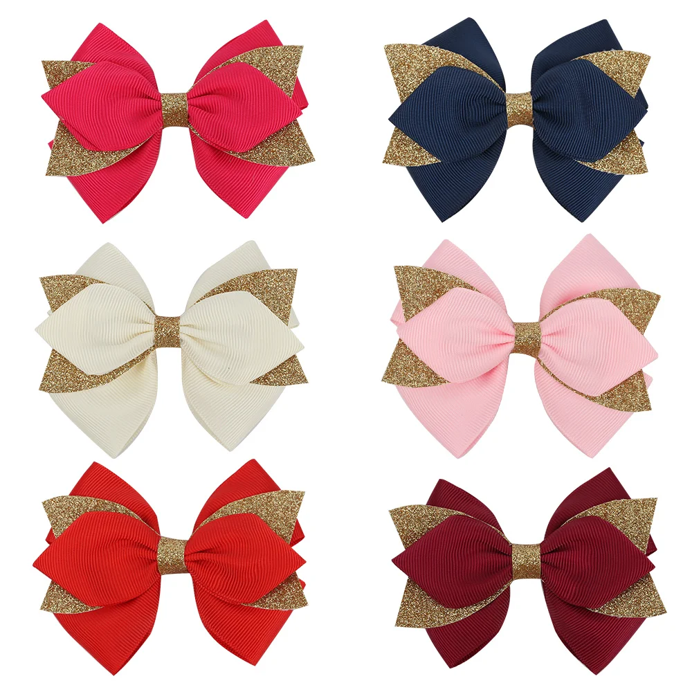 4inch 1/2Pcs Glitter Bow Hair Clips For Girls Boutique Hairgrips Solid Grosgrain Ribbon Hairpins Kids Hair Accessories Headdress