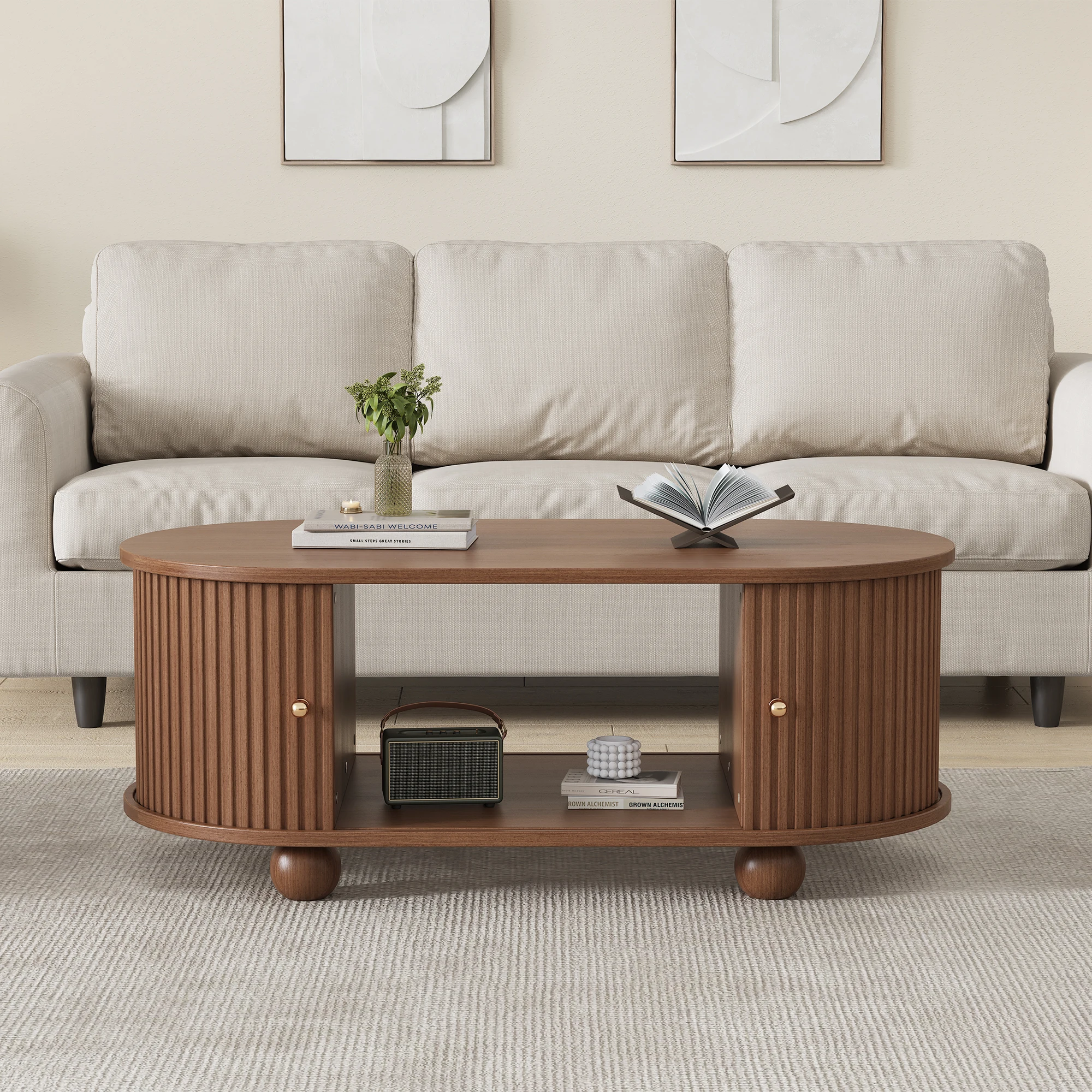 KOMHTOM Nussbaum-Couchtisch 100x50x40 cm - mit Stauraum und 360-Grad-Schiebetüren, mit 4 Beinen