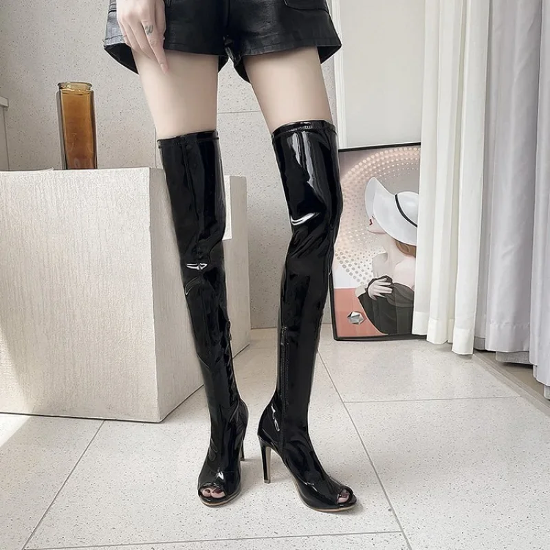 Spring 2023 New Open Toe High Heels Women Boot Slim Heels Knight  Night Club Sexy Steel Pipe Dance Boot Black Knee Boot Muje