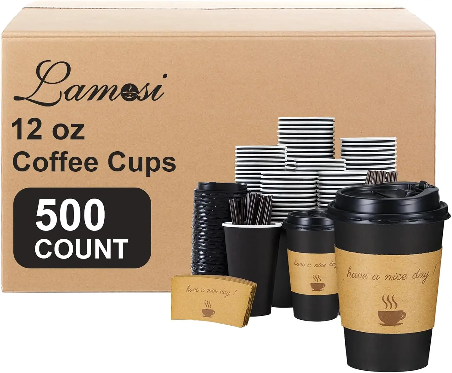 

12 OZ Disposable Paper Coffee Cups with Lids, Stir Sticks and Sleeves for Hot Beverages