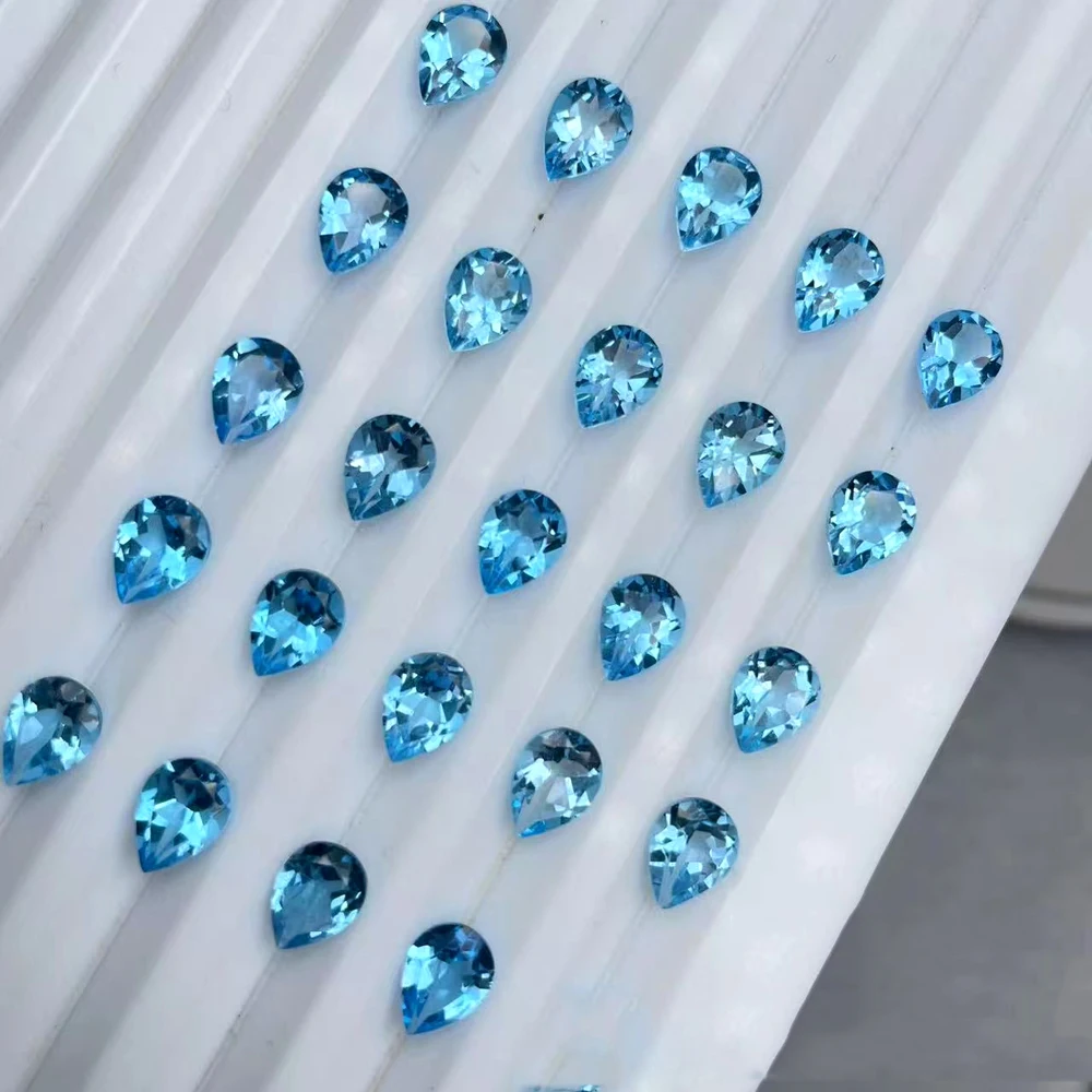 5pcs Real Natural Topaz Swiss Blue Semi-precious Facted Pear 6x9mm-8x12mm Natural Topaz Swiss Blue Eye Clean Loose Gemstone