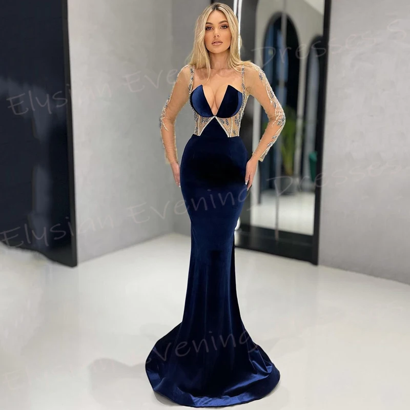 

Sexy Fascinating Women's Mermaid Graceful Evening Dresses Classic Long Sleeve Prom Gowns Formal Party Beaded Vestido De Noche