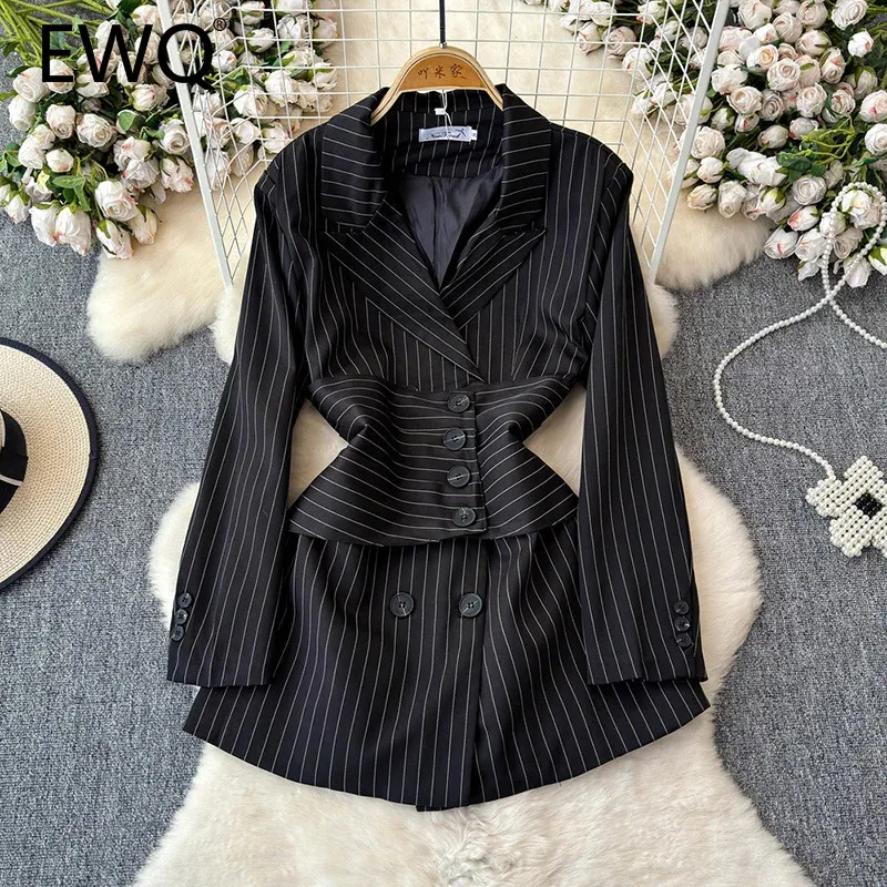 EWQ Fashion Striped Blazer Women Notched Gathered Waist Double Breasted Long Sleeved Tops Clothing 2024 Summer New 27X384