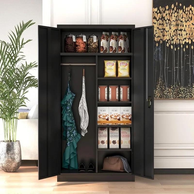 Large Metal Wardrobe Style Storage Cabinet with 3 Adjustable Shelves, Cloth Rail, and Lockable Doors for Home Organization