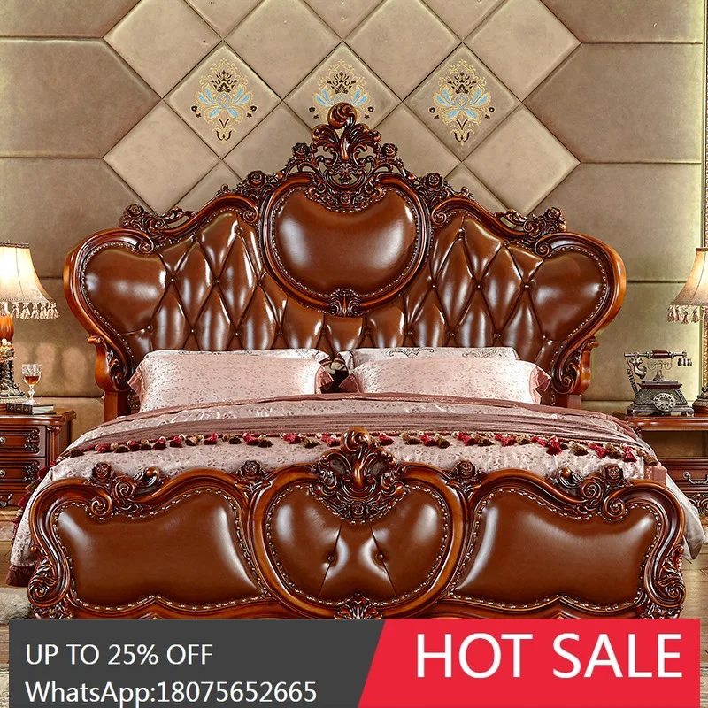 

SGF Furniture European Style Solid Wood Genuine Leather Bed Luxury Double Wedding New Bed